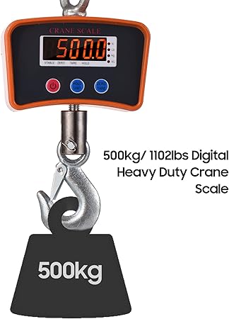 500 kg/1102 lb Digital LED Crane Scale  – Portable Heavy-Duty Hook Scale for Market, Travel, & Construction