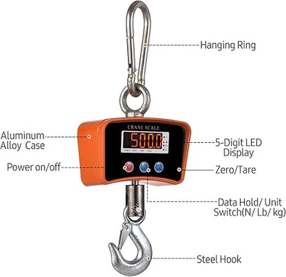 500 kg/1102 lb Digital LED Crane Scale  – Portable Heavy-Duty Hook Scale for Market, Travel, & Construction