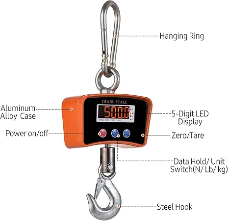 500 kg/1102 lb Digital LED Crane Scale  – Portable Heavy-Duty Hook Scale for Market, Travel, & Construction