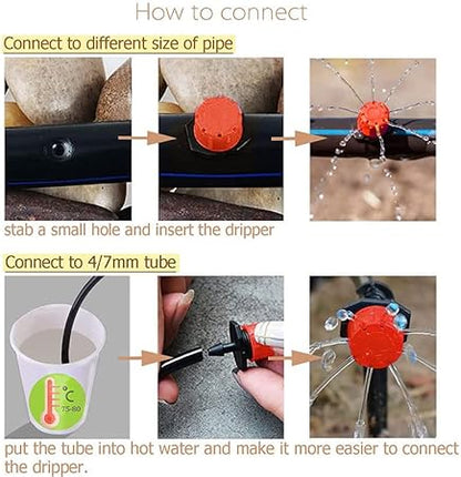 100Pcs Adjustable Micro Drip Irrigation Kit - 1/4 Inch Anti-Clog Sprinklers & Drippers for Garden Watering