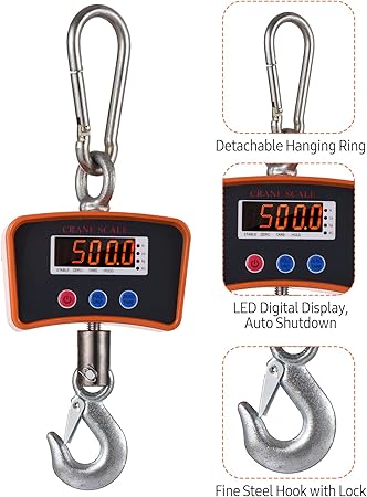 500 kg/1102 lb Digital LED Crane Scale  – Portable Heavy-Duty Hook Scale for Market, Travel, & Construction