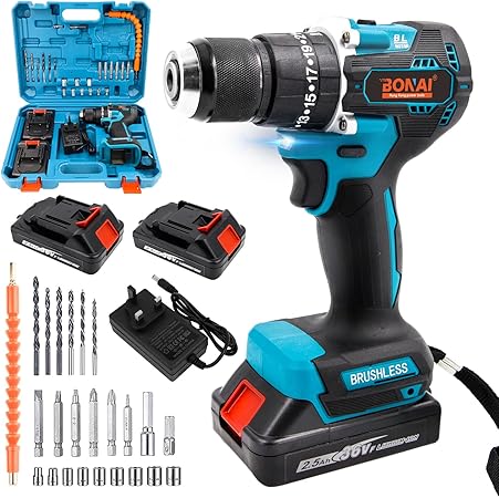 BONAI 36V Cordless Impact Drill Kit with Dual Batteries, 24-Piece All-in-One Tool Set for Metal, Wood, and Wall Drilling – Perfect for Home & Office Projects