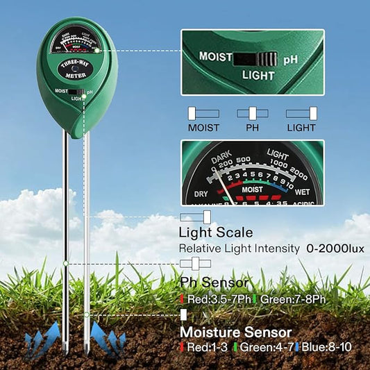 3-in-1 Soil Moisture Meter, pH & Light Tester – No Battery Needed | Plant Soil Test Kit for Garden, Lawn, Farm, Indoor & Outdoor Plants