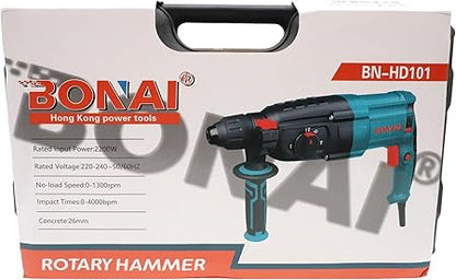 BONAI 2200W SDS Plus Rotary Hammer Drill, 26mm Demolition Hammer with Reduced Vibration System & 360° Rotating Auxiliary Handle for Concrete, Masonry, Wood, and Steel