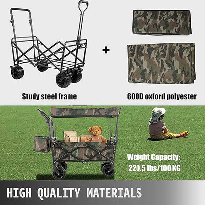 Camo All-Terrain Folding Wagon with 120 lb Capacity  |Foldable Handcart Trolley with Extension Wheels